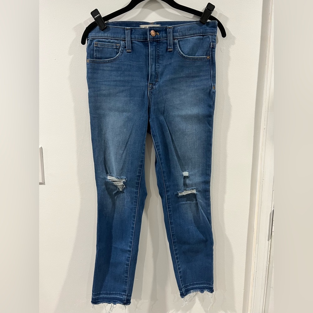 MADEWELL 10” High Rise Skinny Jeans Distressed Light Wash Raw Hem Blue S…